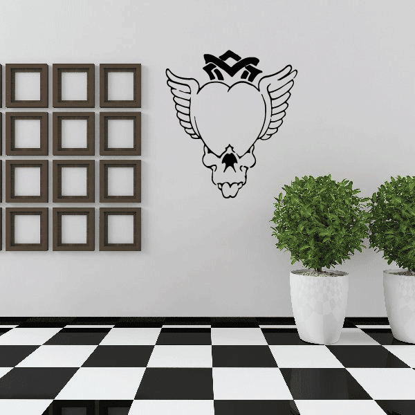 Skull-heart wall decal with white heart center, wings, and banner ribbon outline