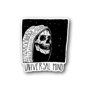 Vinyl sticker: skull in space arch with "Universal Mind" text