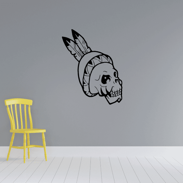 Skull wall decal with feathered headdress, black and gray vinyl design