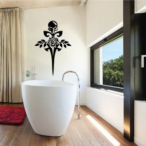 Skull and knife tribal wall decal, black vinyl with ornate floral accents