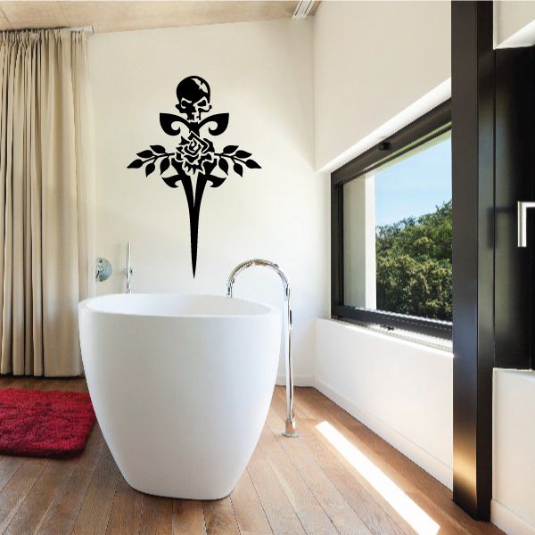 Skull and knife tribal wall decal, black vinyl with ornate floral accents