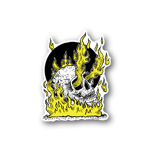 Vinyl sticker of a skull with bright yellow-green flames