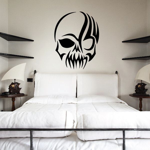 Skull tribal wall decal, black vinyl skull graphic