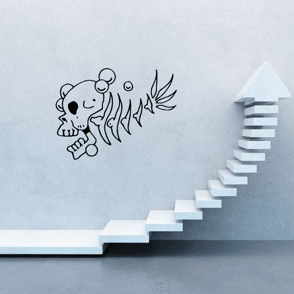 Skull head fish skeleton wall decal with flame accents, black outline