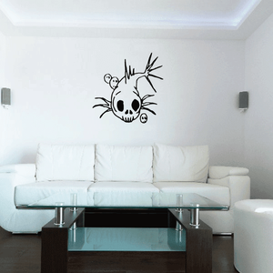 Skeleton fish wall decal, black and white line art skull with fins and bubbles