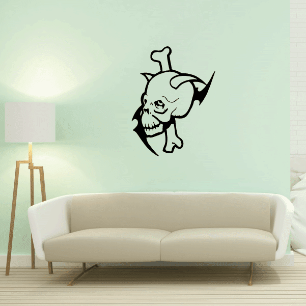 Skull wall decal with black outline and light green fill, vinyl sticker art