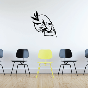 Skull wall decal vinyl sticker with black skull and laurel branch design