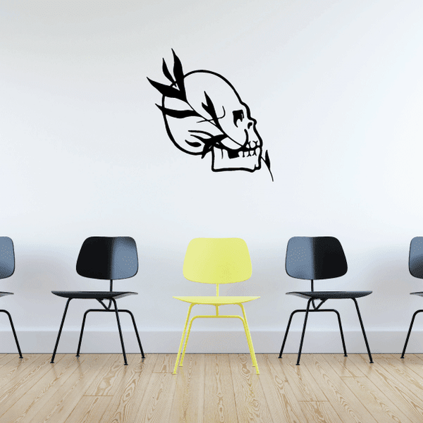 Skull wall decal vinyl sticker with black skull and laurel branch design