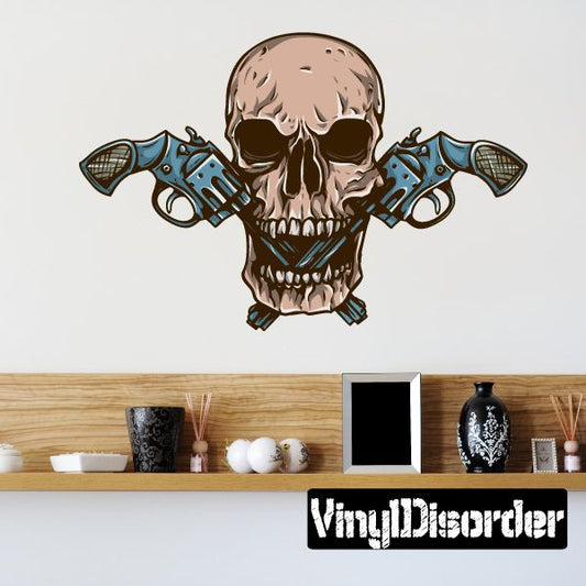 Image of Skull with Double Revolvers Decal