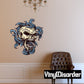 Skull with filigree sticker, white skull with blue ornate flames-style accents