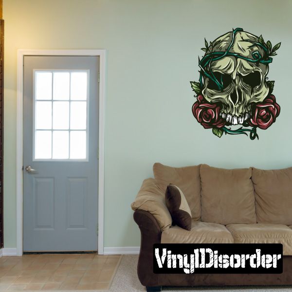 Image of Skull with Roses and Vines Sticker