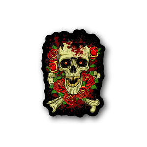 Skull and rose vinyl sticker with red roses, bones, and skull face on dark background