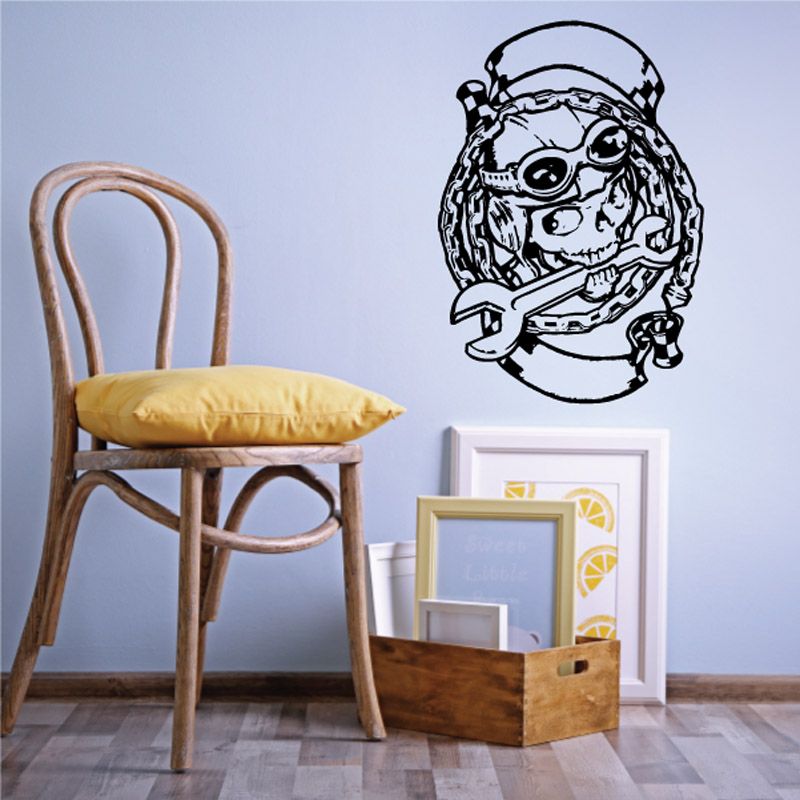Motorcycle skull with wrench vinyl wall decal with headphones, bold black and white graphic