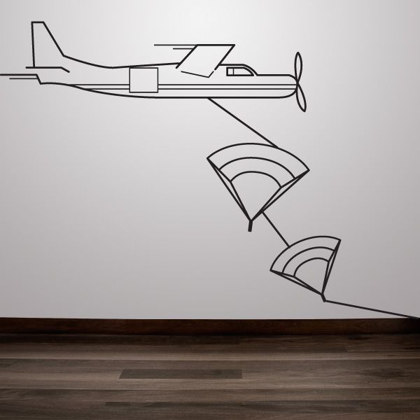 Skydiving line art decal with airplane and parachute outlines