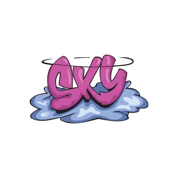 Graffiti sticker with purple lettering over blue cloud shapes