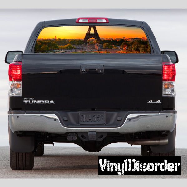Pickup truck rear window graphic on rear windshield, black and red