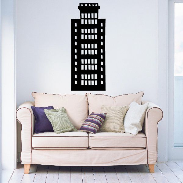 Black skyscraper wall decal with rectangular window pattern silhouette