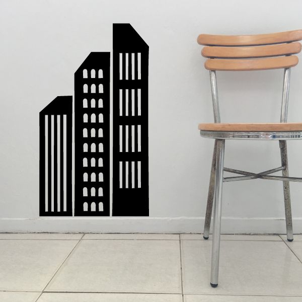 Black skyscraper silhouette wall decal with stacked building window details