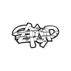 Graffiti-style slap decal in black and white with layered tag lettering