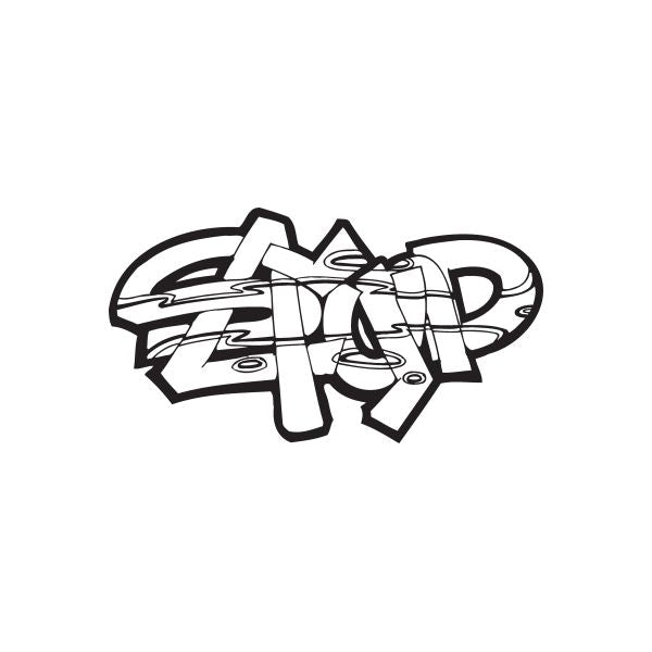 Graffiti-style slap decal in black and white with layered tag lettering