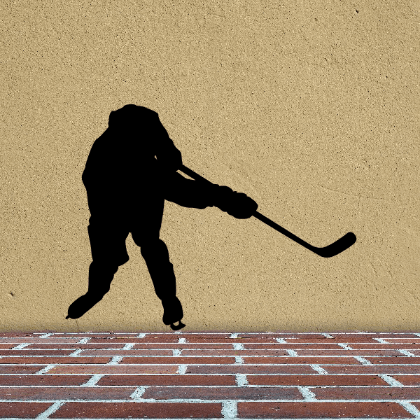 Ice hockey player decal with black silhouette holding slap shot stick