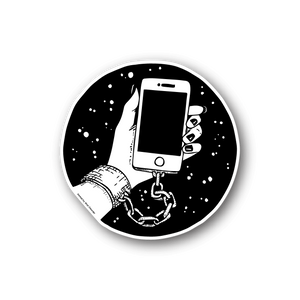 Circular vinyl sticker with black-and-white hand holding a smartphone design