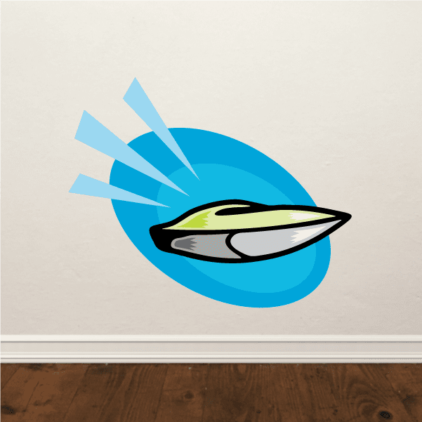Speedboat emblem sticker with blue circular logo and stylized green-and-white boat
