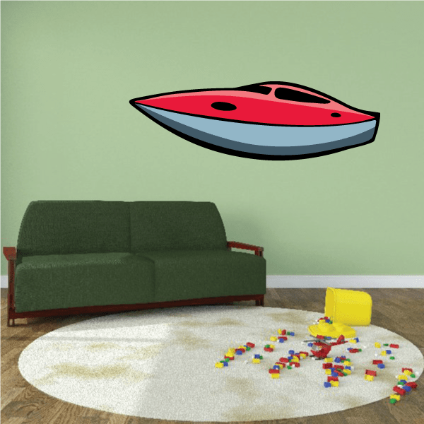 Red and blue speedboat vinyl sticker with black outline and round window details