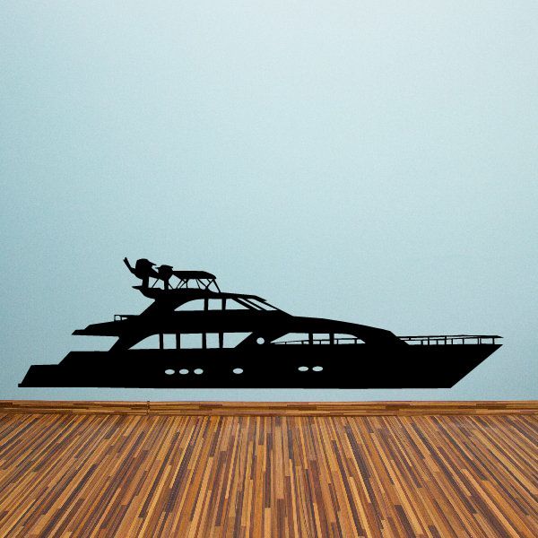 Sleek yacht decal, black silhouette of a luxury motor yacht side view