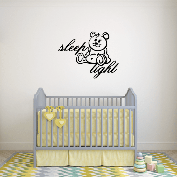 Teddy bear sleep tight wall decal with heart accents, black outline lettering