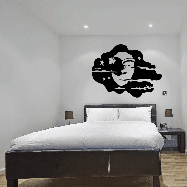 Sleeping moon and clouds wall decal, black silhouette with sleeping face and stars