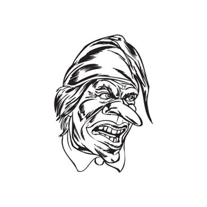 Sleepy jester head decal, black and white cartoon face with hat