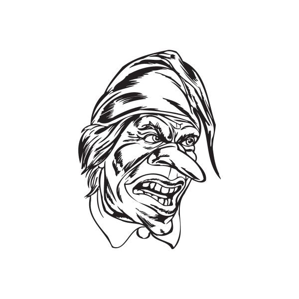 Sleepy jester head decal, black and white cartoon face with hat