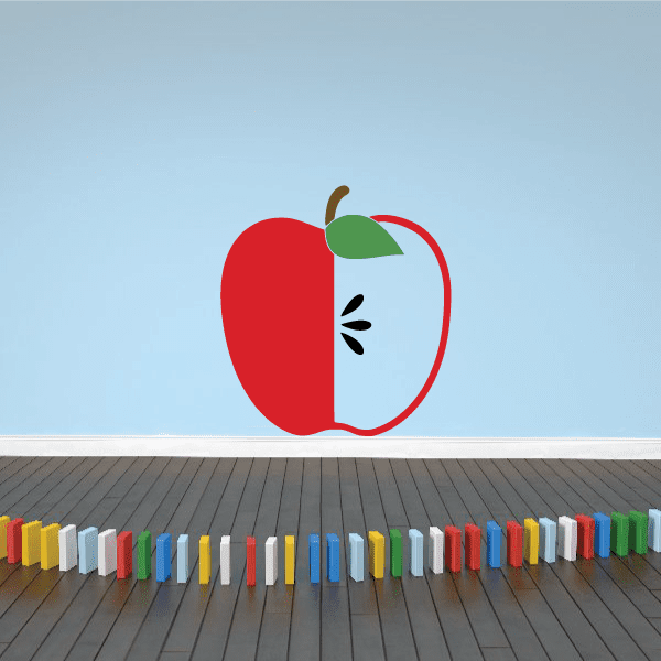 Red sliced apple decal with visible seeds and green leaf
