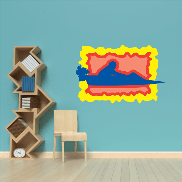 Speedboat frame sticker with red water and blue boat silhouette on yellow border