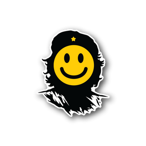 Smiley face vinyl sticker with yellow face, black hood, white outline and star