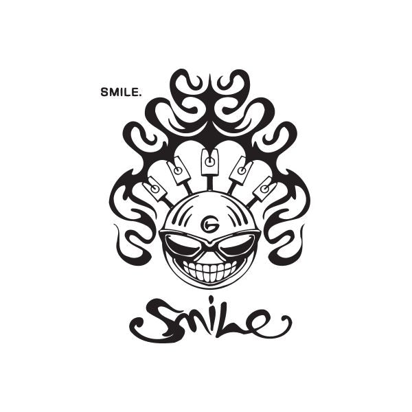 Black and white smile graffiti decal with grinning face, flame curls, and 'SMILE.' text