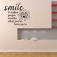 Smile decal with playful text and smiling sun character illustration