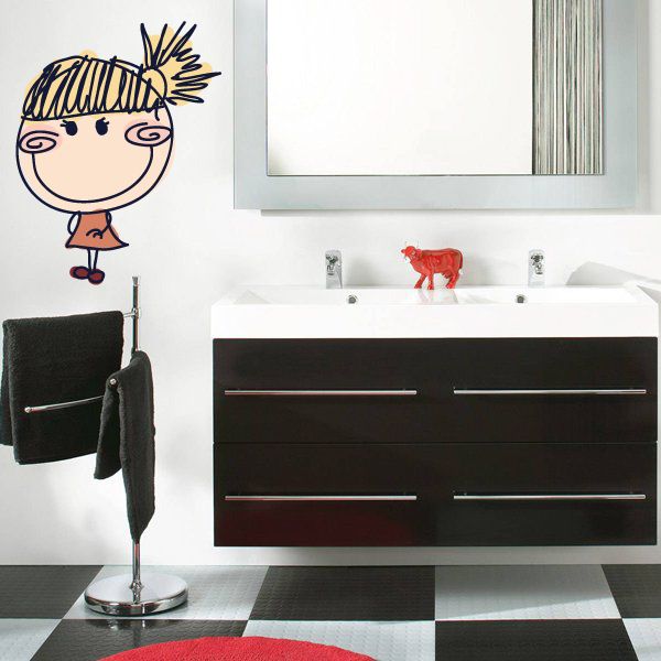 Smiling blonde little girl sticker with cartoon face and swirly hair lines