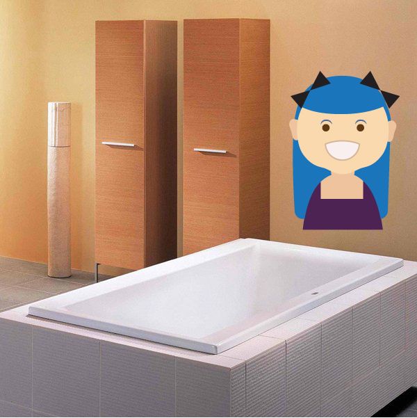 Cartoon girl sticker with long blue hair and smile, face and shoulders illustration