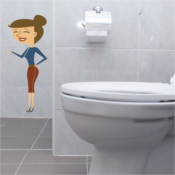 Smiling cartoon woman sticker with tan hat, blue top, and brown dress