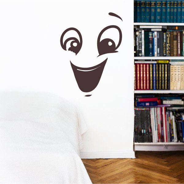 Smiling face wall decal, brown vinyl sticker with curved smile and raised eyebrows