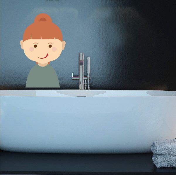Smiling girl ponytail sticker with orange hair and green shirt by a bathroom sink