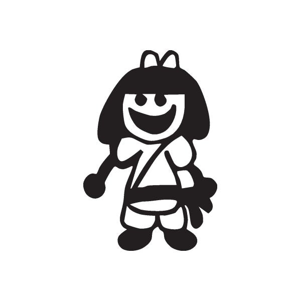 Smiling girl bowtie decal, black cartoon figure with white face and smile