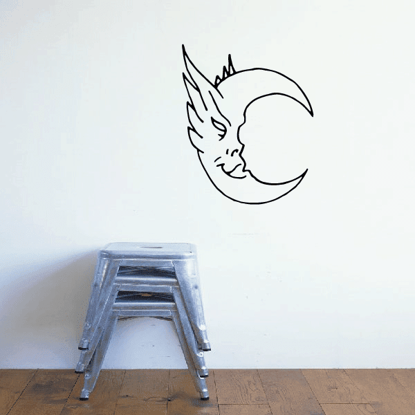 Smiling moon with wings wall decal, black line art illustration