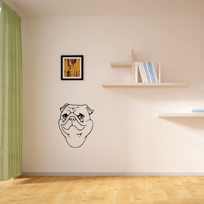 Smiling pug head wall decal with black outline and friendly expression