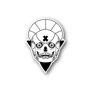 Vinyl sticker of a smiling skull with X eyes, white on dark backing.