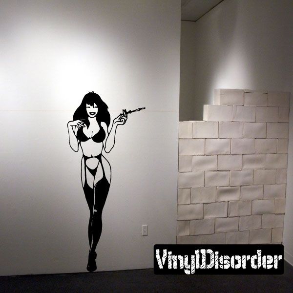 Lingerie woman wall decal, black silhouette with raised hands and guitar