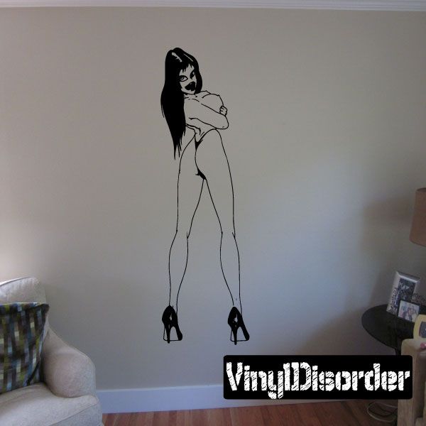 Woman in heels wall decal, smiling topless silhouette with high heels and long hair