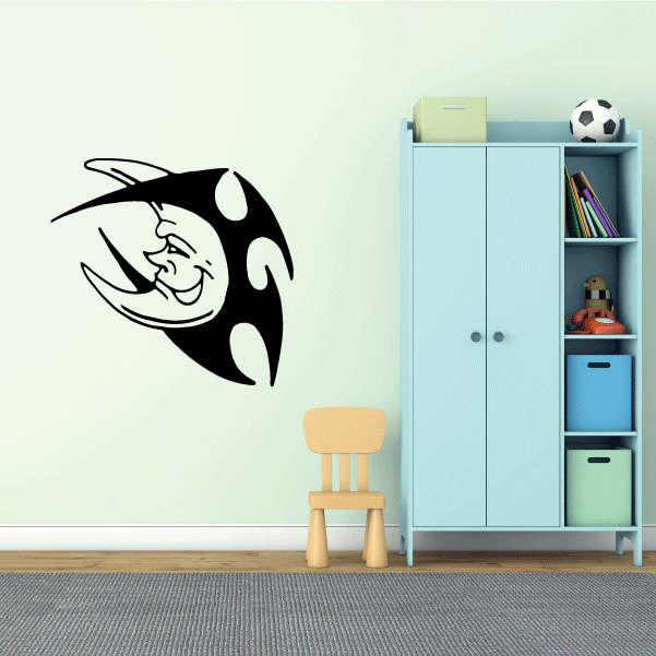 Smiling tribal moon wall decal, black crescent with smiling face and swirl lines